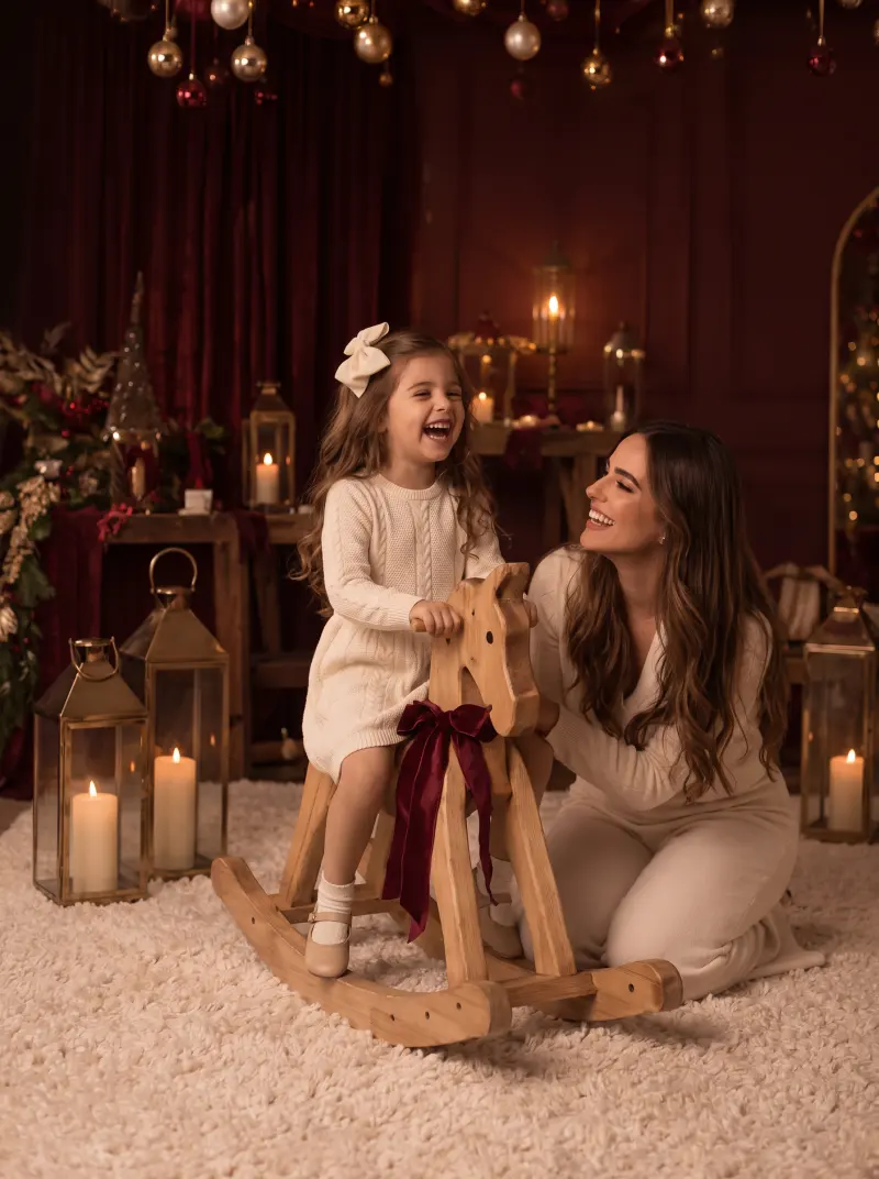 Niña en caballito de madera junto a su mamá