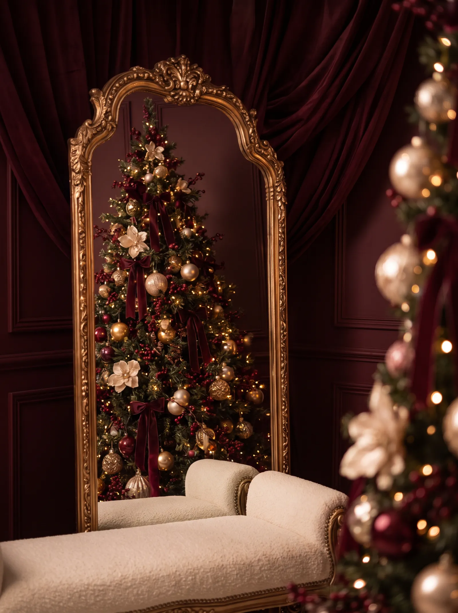 Espejo francés antiguo de marco dorado reflejando el árbol de Navidad