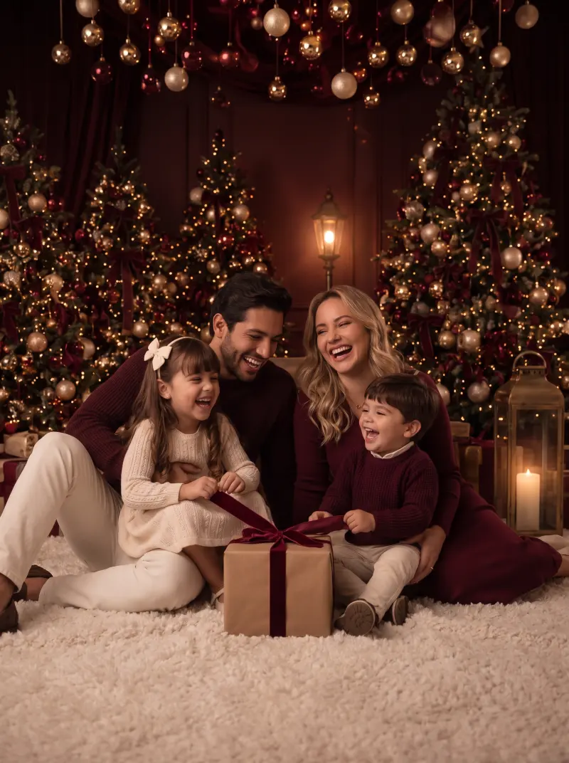 Familia riendo mientras abre un regalo