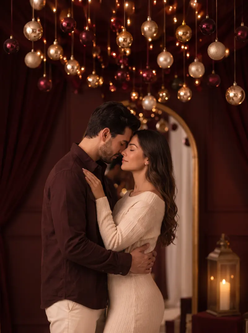 Pareja abrazada bajo el cielo de esferas
